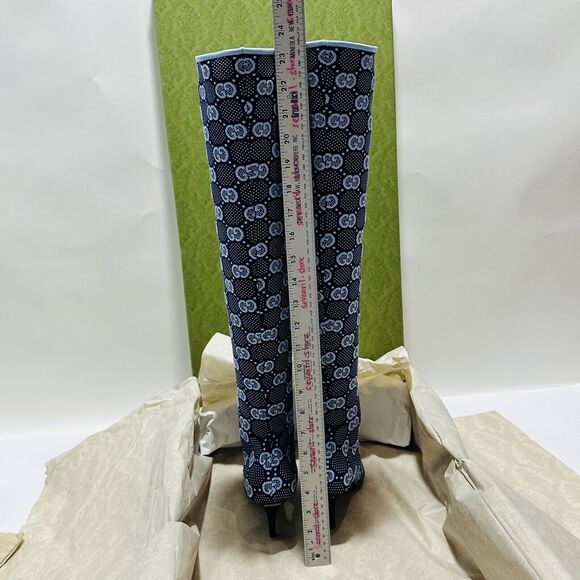Gucci Knee High Boots 37/ US 7 GG Supreme Blue Knit Socks Pull On NIB - Picture 11 of 13